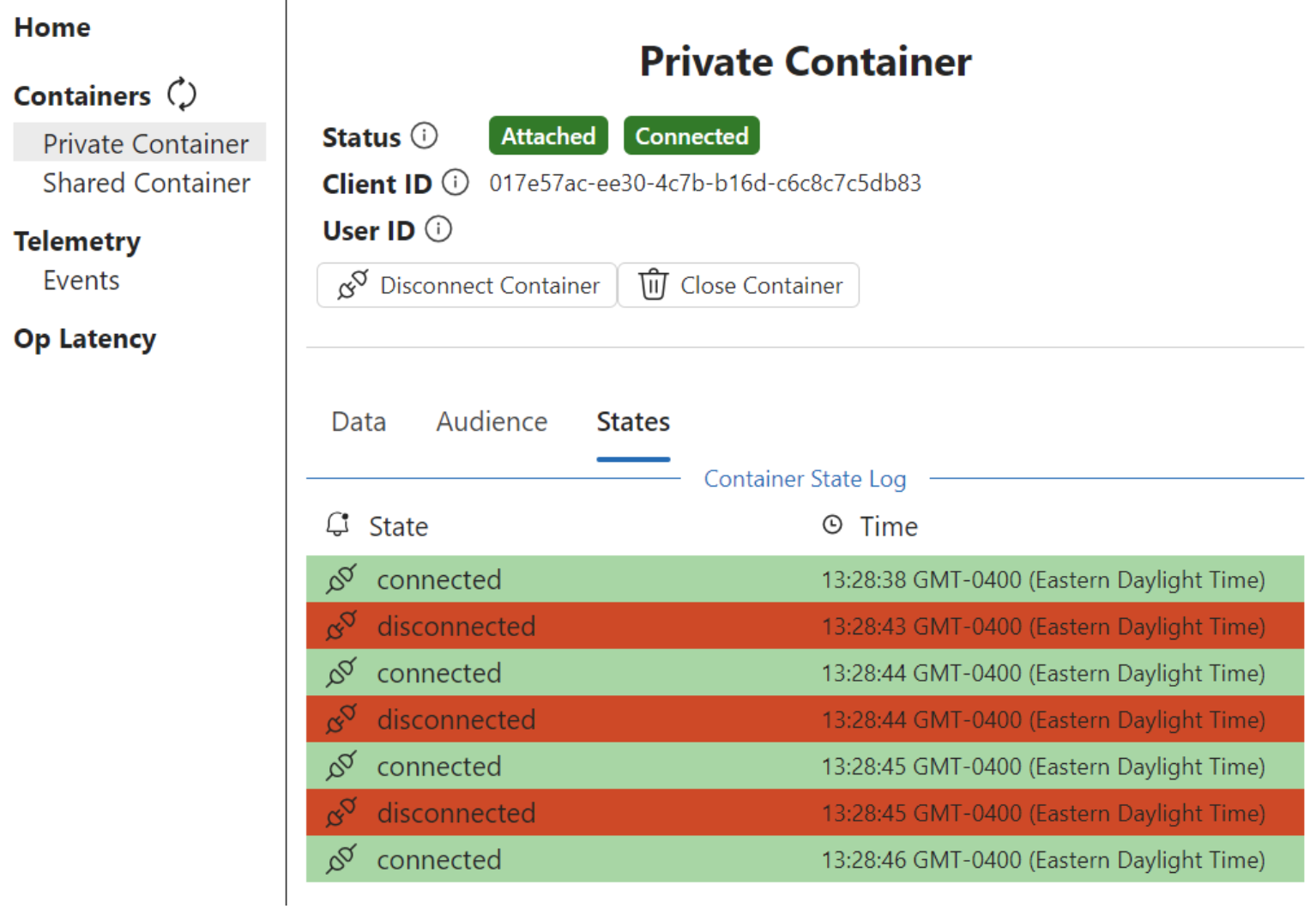 A screenshot showing container state changes